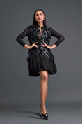 Load image into Gallery viewer, Black Leather Lattice Jacket with Sheer Bustier Layers
