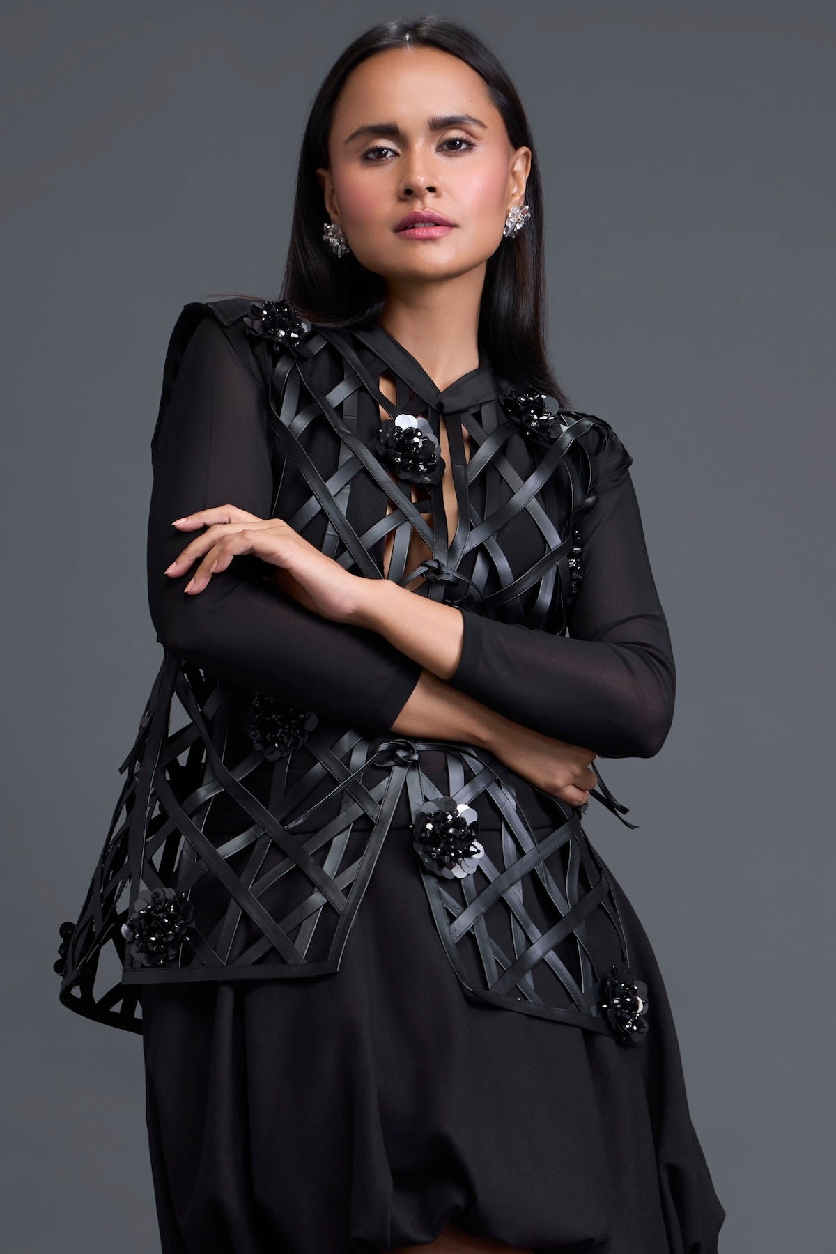 Black Leather Lattice Jacket and Floral Bubble Skirt Set