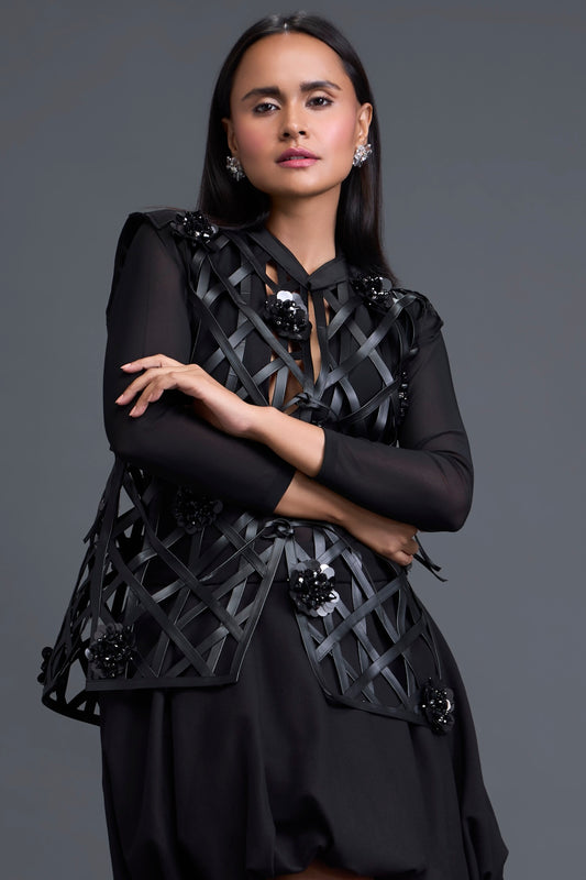 Black Leather Lattice Jacket and Floral Bubble Skirt Set