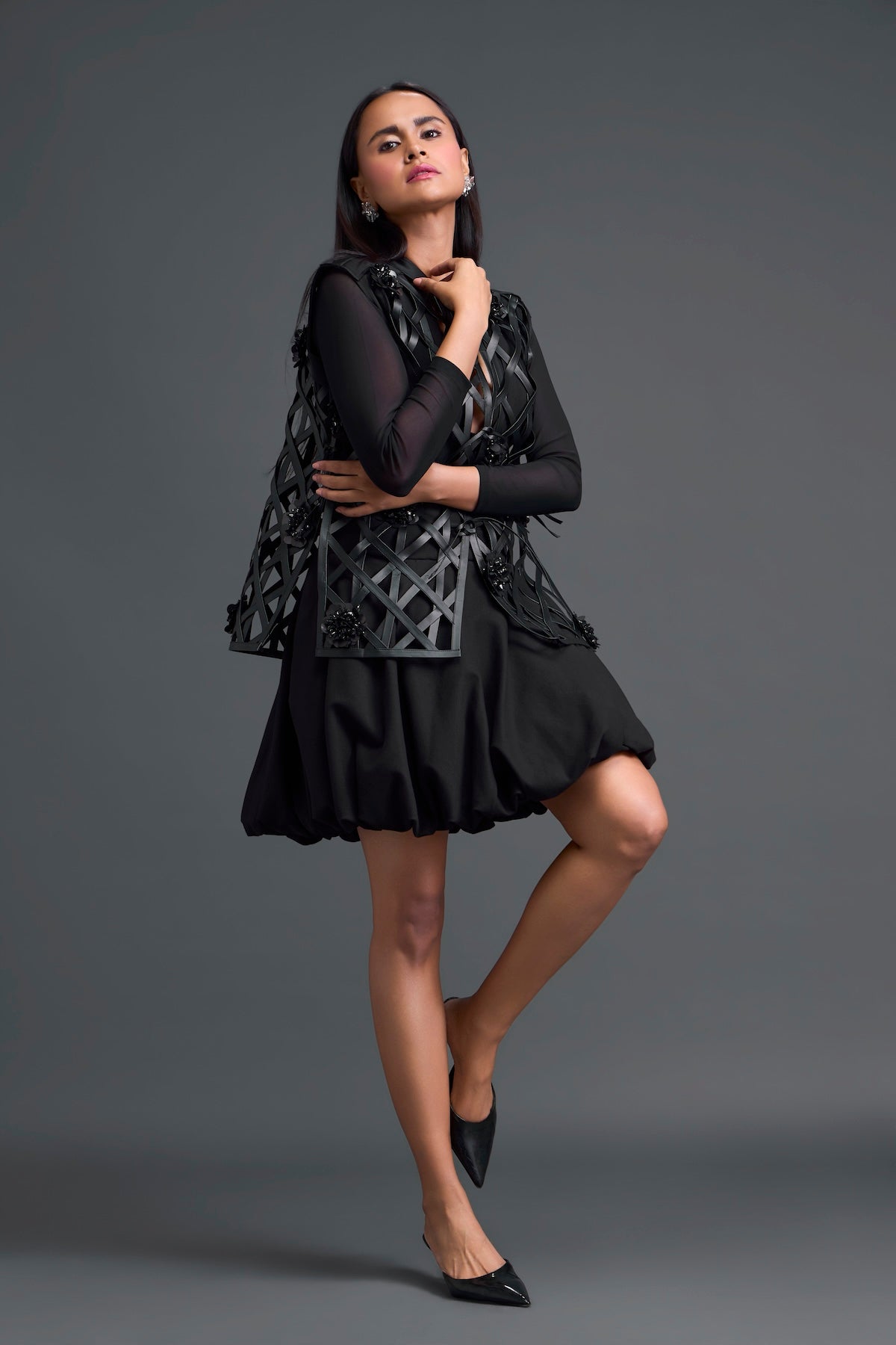 Black Leather Lattice Jacket and Floral Bubble Skirt Set