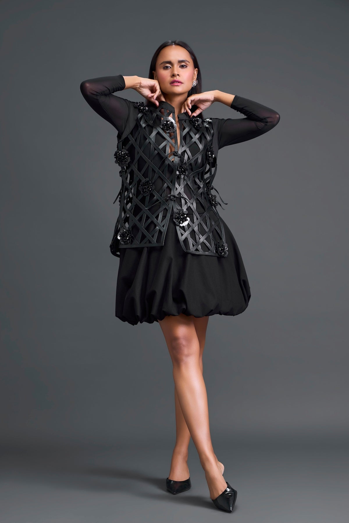 Black Leather Lattice Jacket with Sheer Bustier Layers