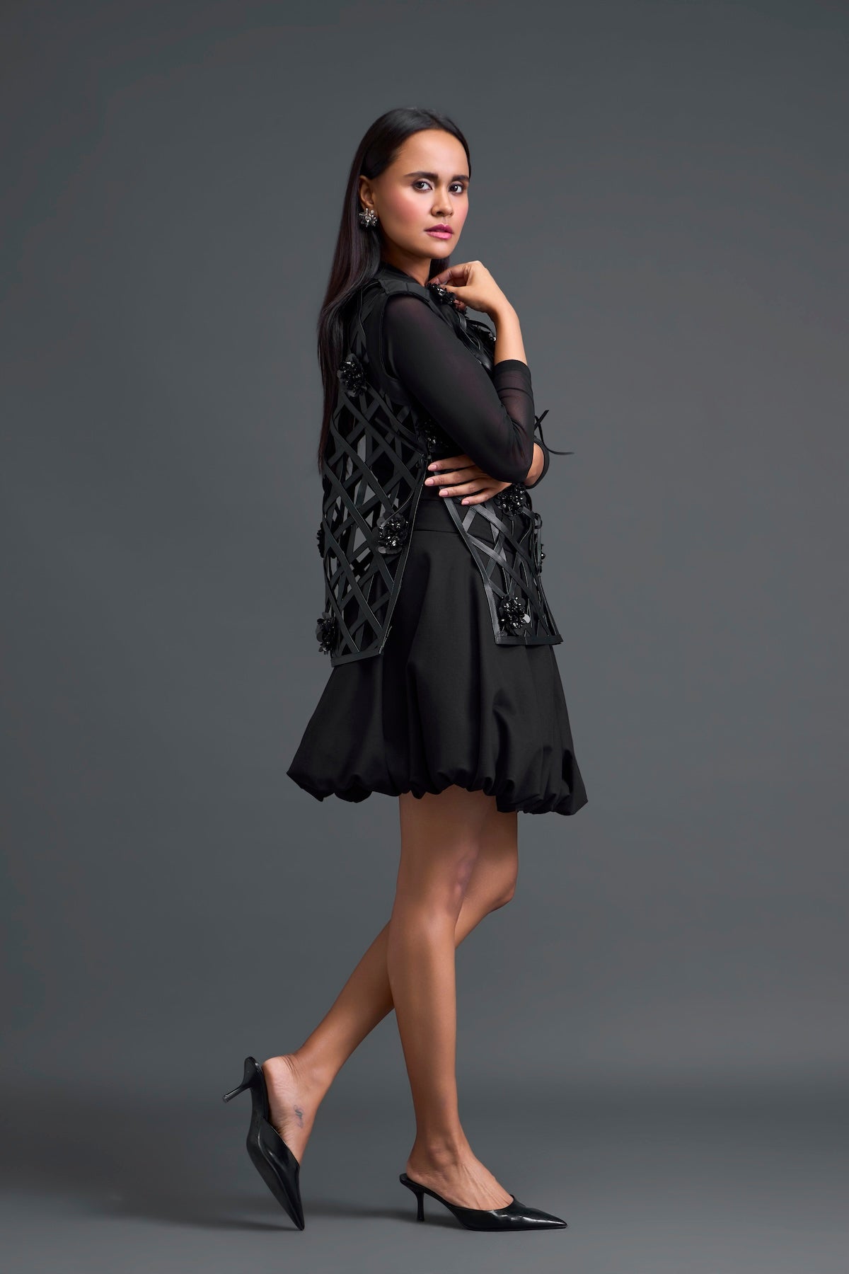 Black Leather Lattice Jacket and Floral Bubble Skirt Set