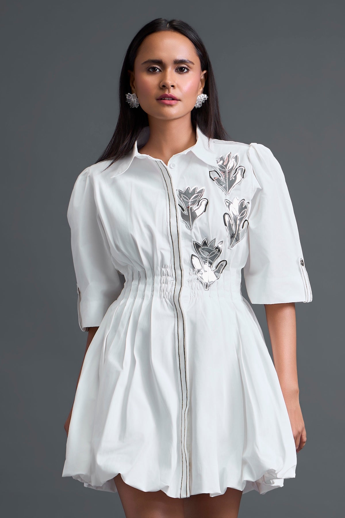 White Metallic Floral Puff Sleeve Bubble Dress
