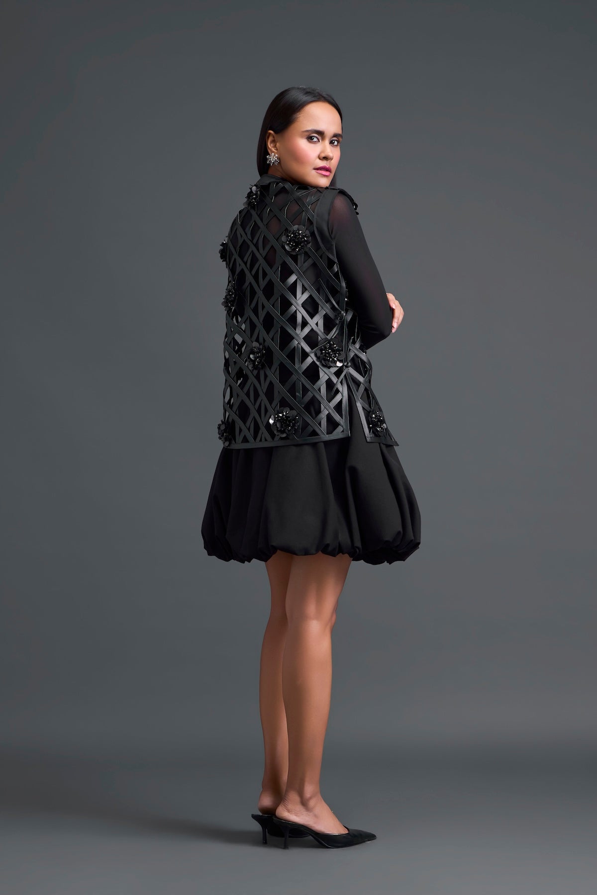 Black Leather Lattice Jacket and Floral Bubble Skirt Set