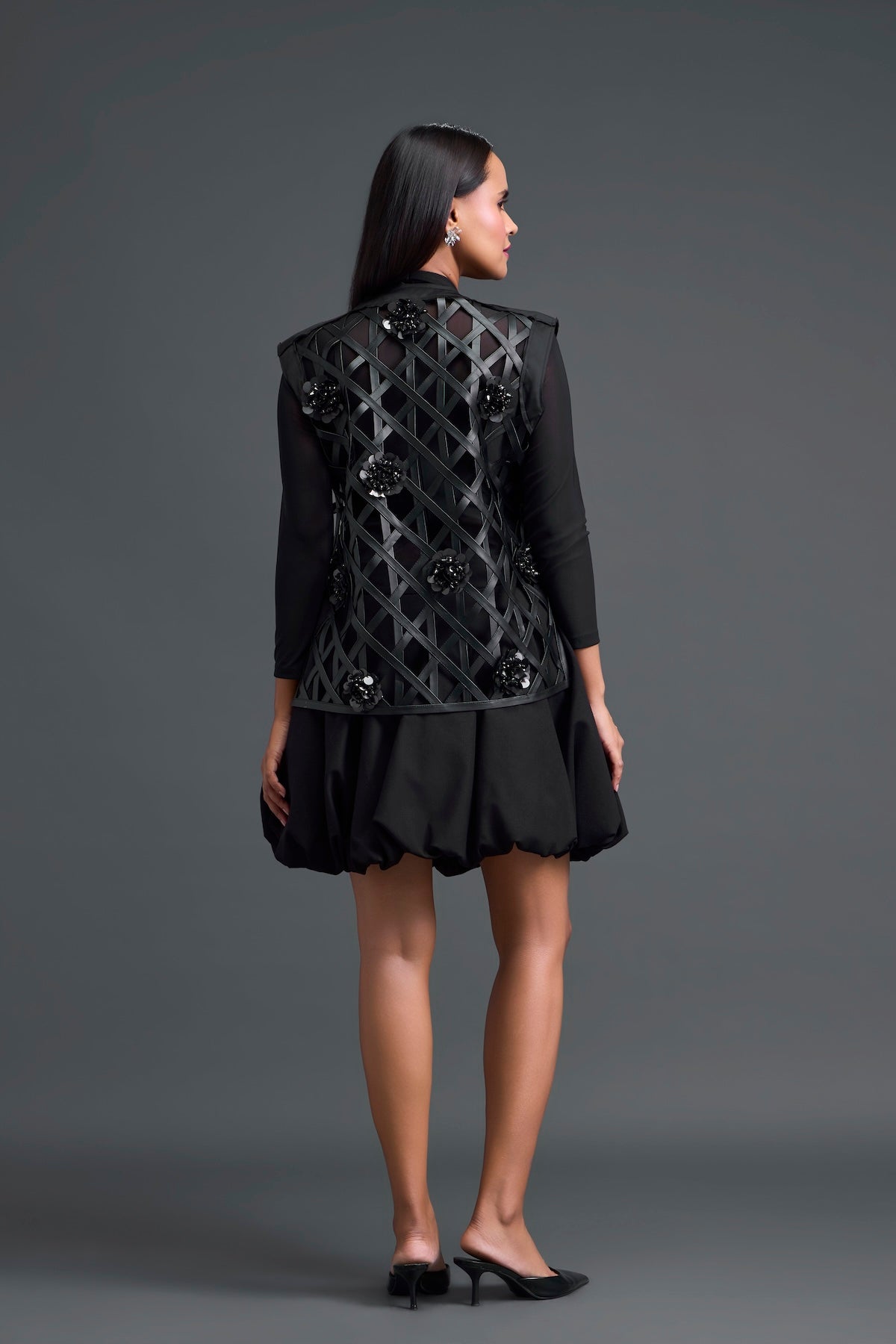 Black Leather Lattice Jacket and Floral Bubble Skirt Set