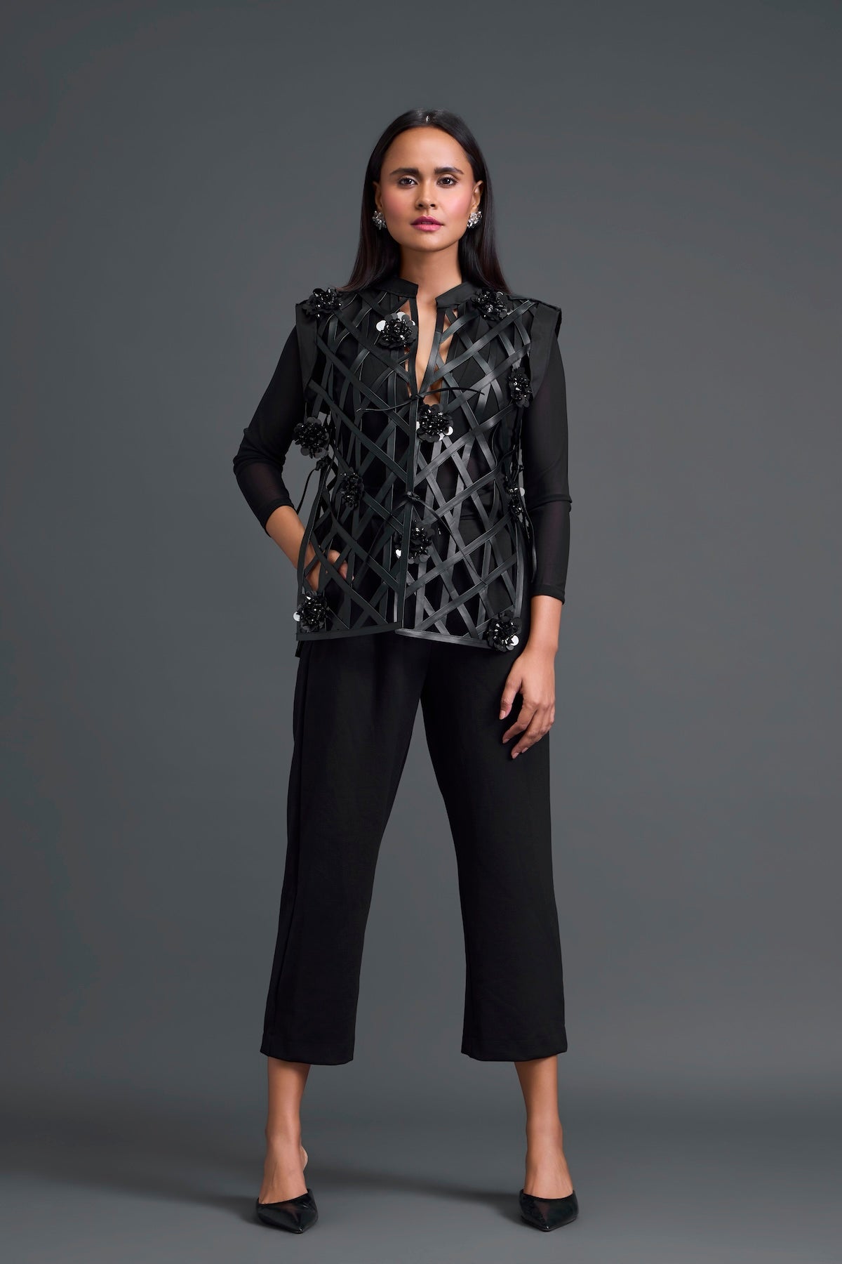 Black Leather Lattice Jacket and Tailored Pants Set