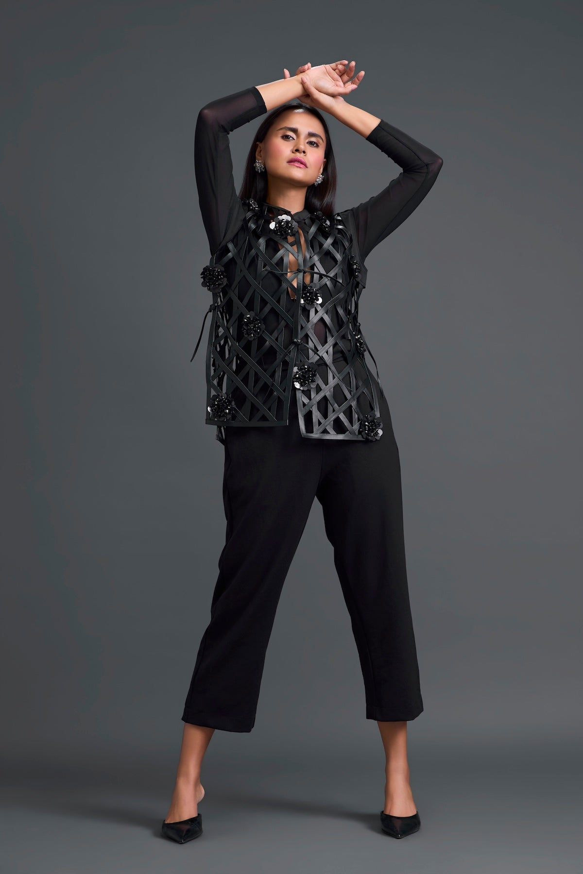 Black Leather Lattice Jacket and Tailored Pants Set