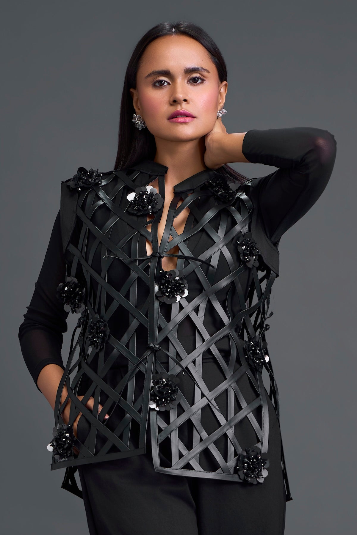 Black Leather Lattice Jacket and Tailored Pants Set