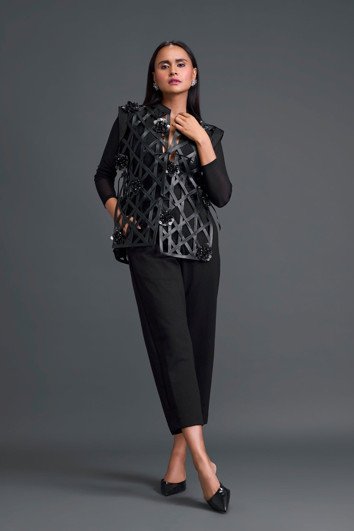 Black Leather Lattice Jacket and Tailored Pants Set