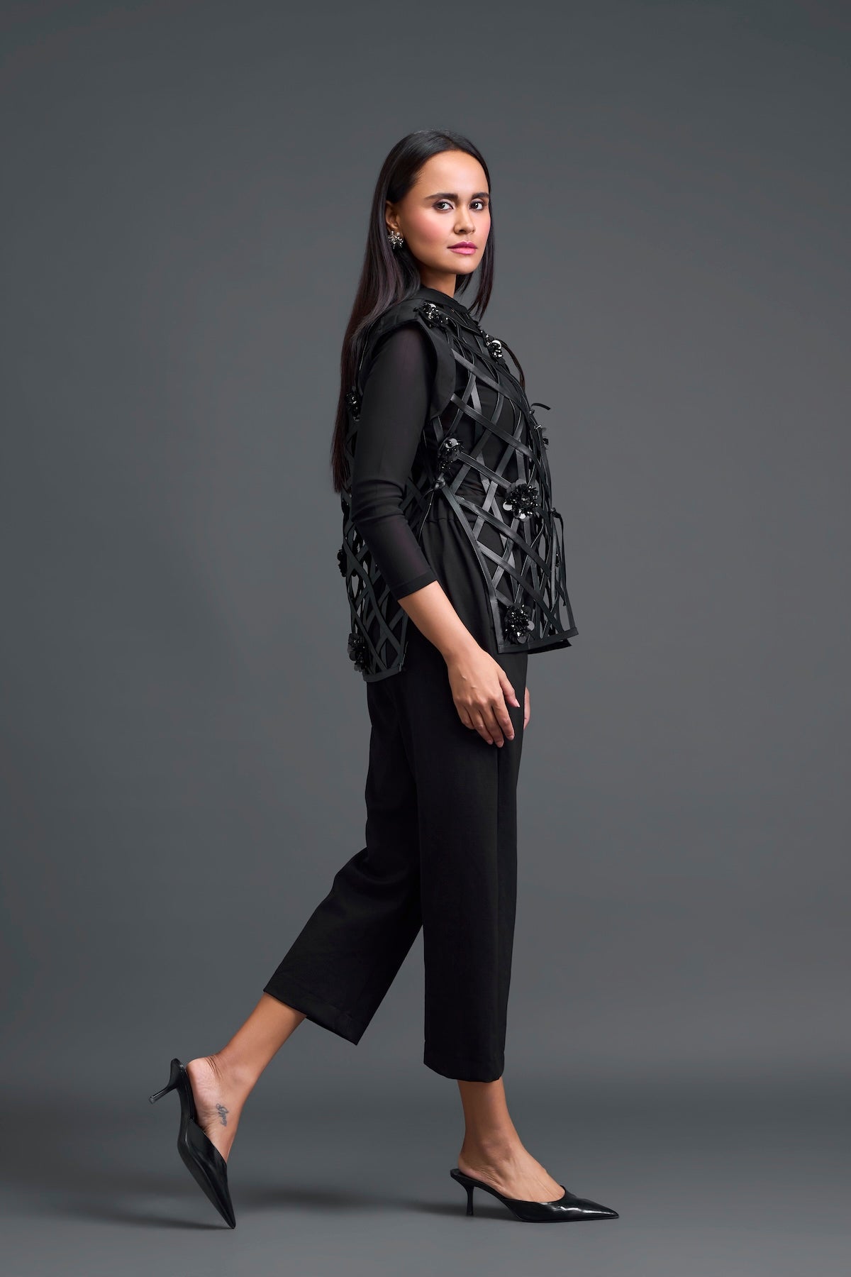 Black Leather Lattice Jacket and Tailored Pants Set