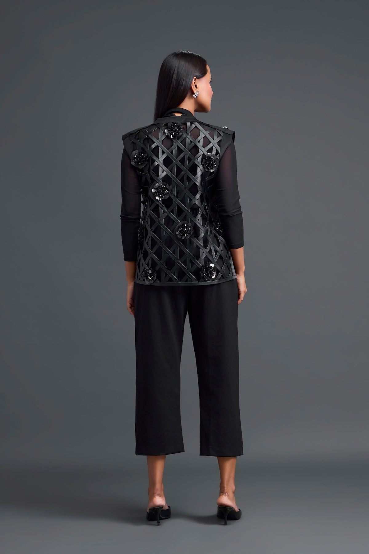 Black Leather Lattice Jacket and Tailored Pants Set