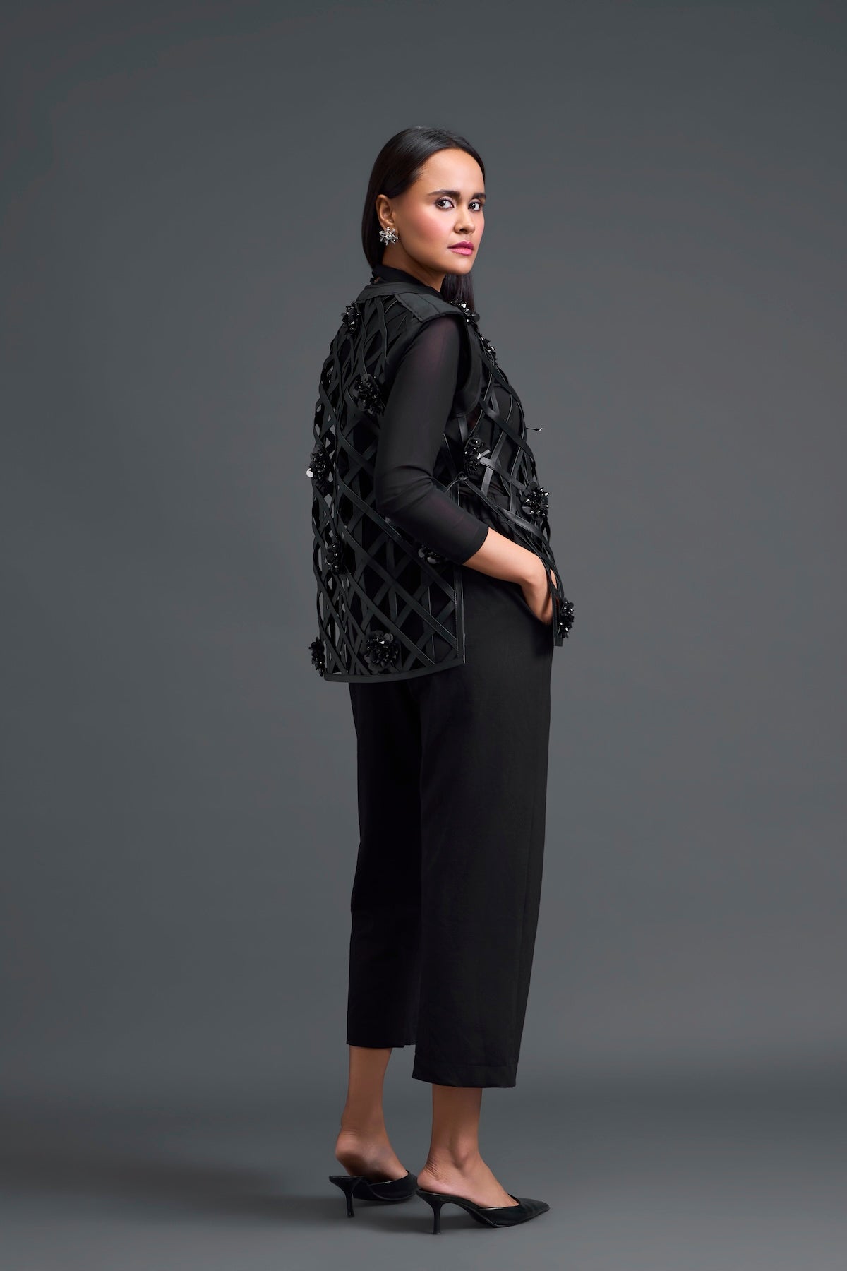Black Leather Lattice Jacket and Tailored Pants Set