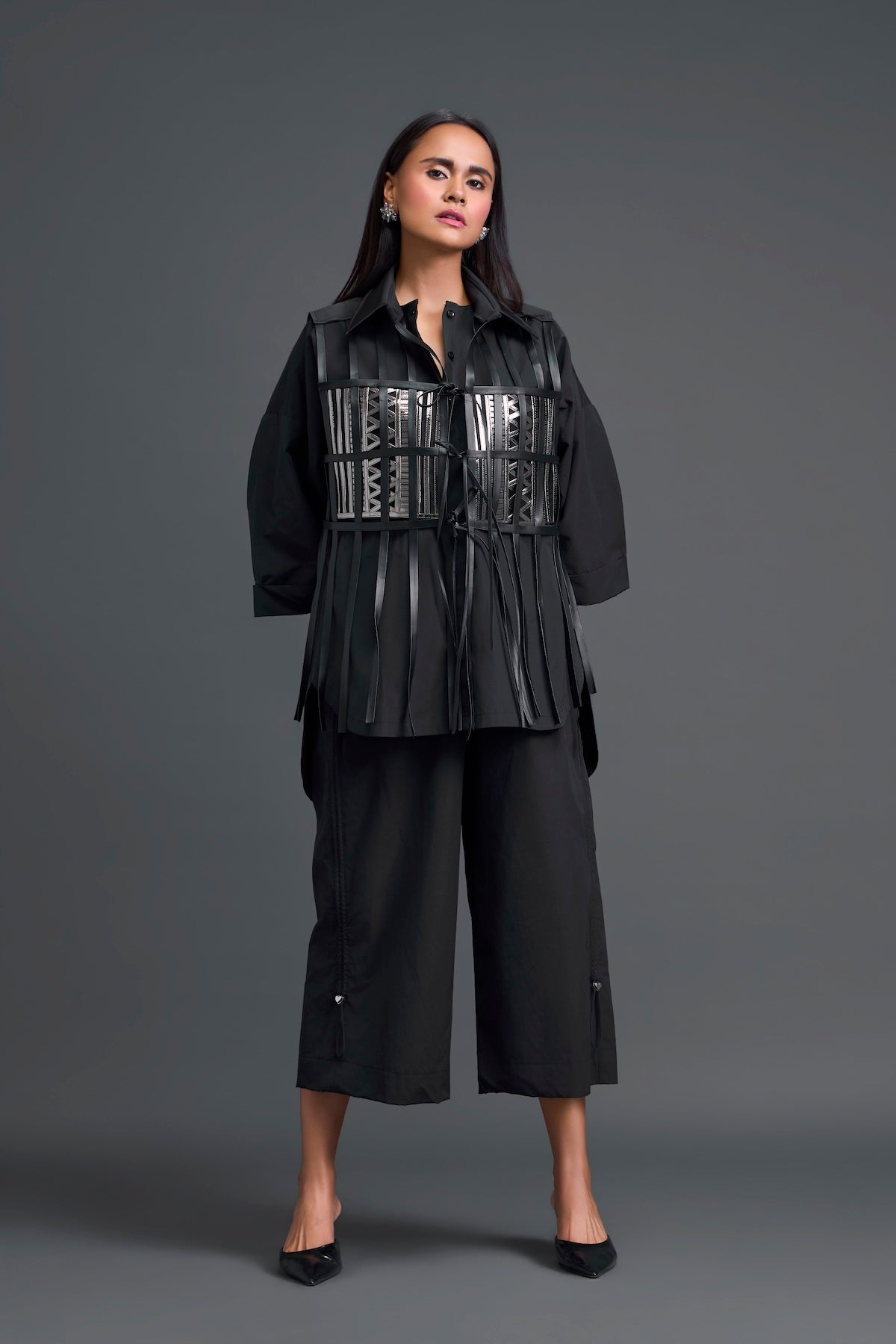 Black Structured Cage Shirt and Wide-Leg Pants Set