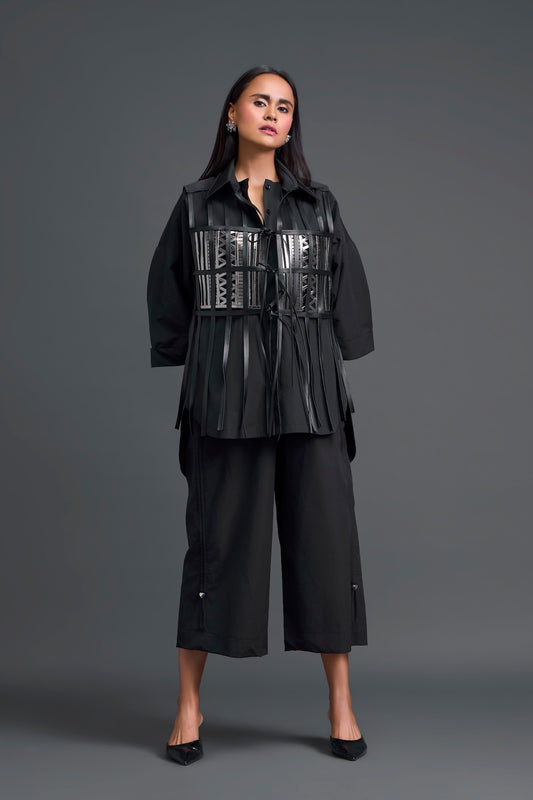 Black Structured Cage Shirt and Wide-Leg Pants Set