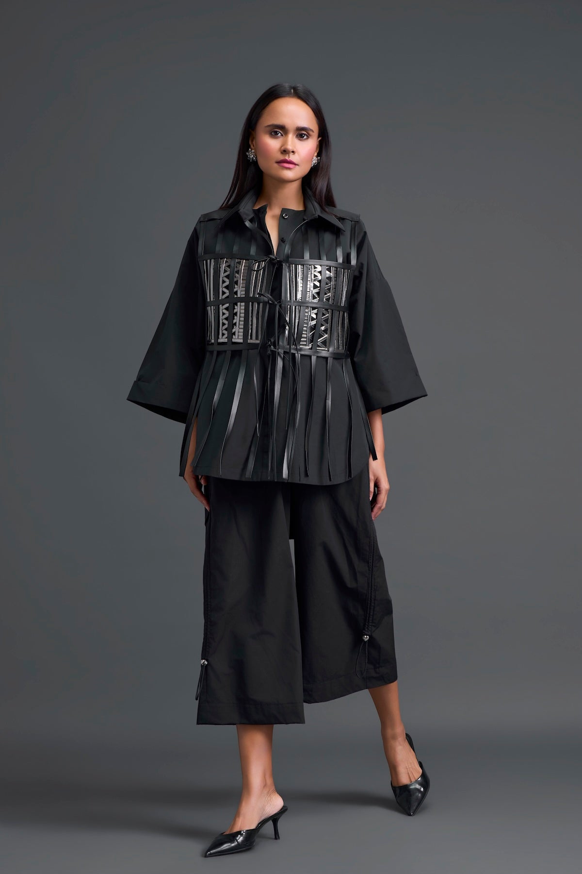 Black Structured Cage Shirt and Wide-Leg Pants Set