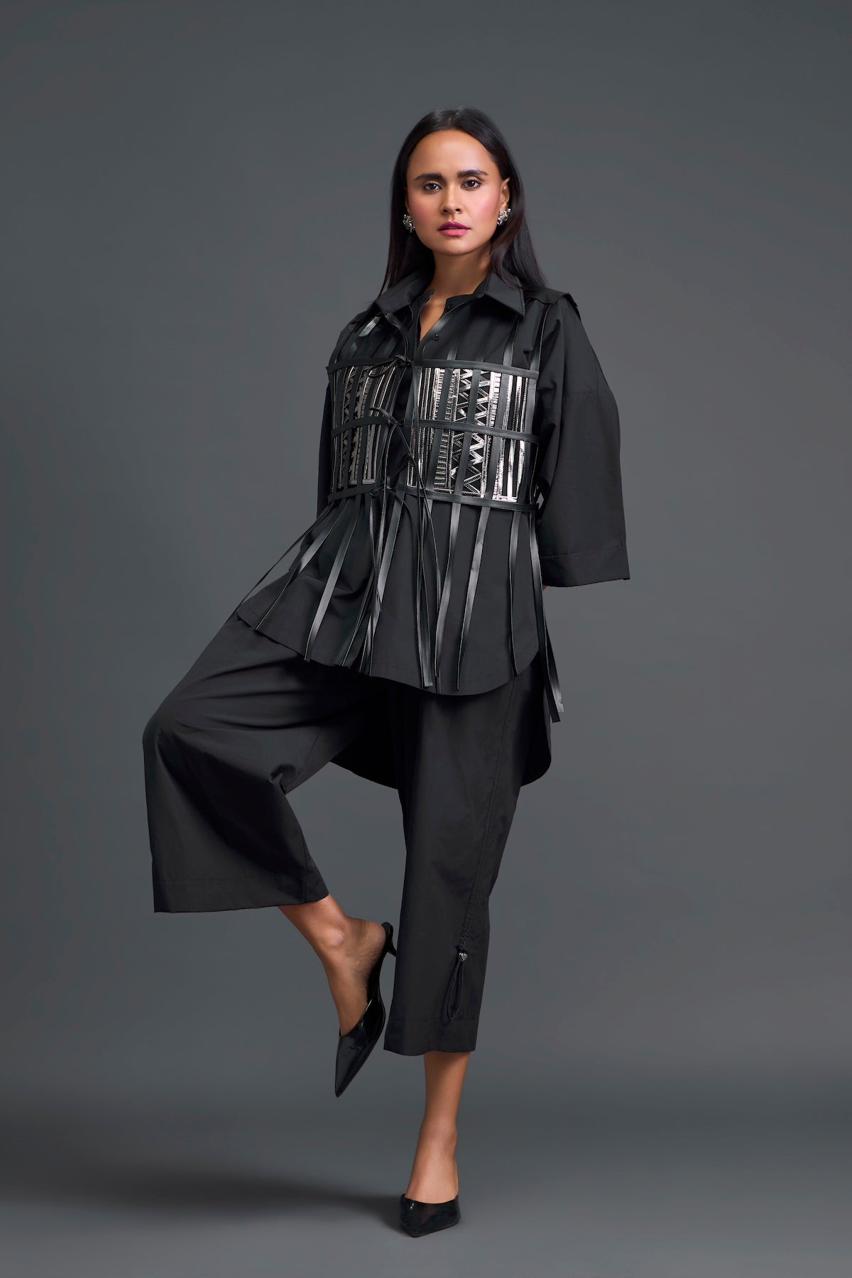 Black Structured Cage Shirt and Wide-Leg Pants Set