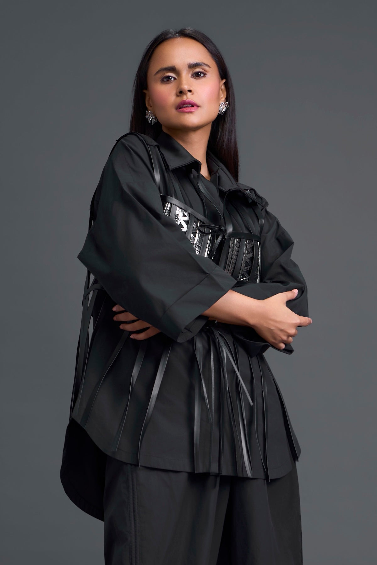 Black Structured Cage Shirt and Wide-Leg Pants Set