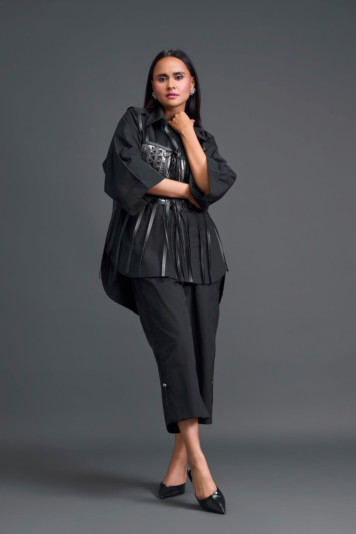 Black Structured Cage Shirt and Wide-Leg Pants Set
