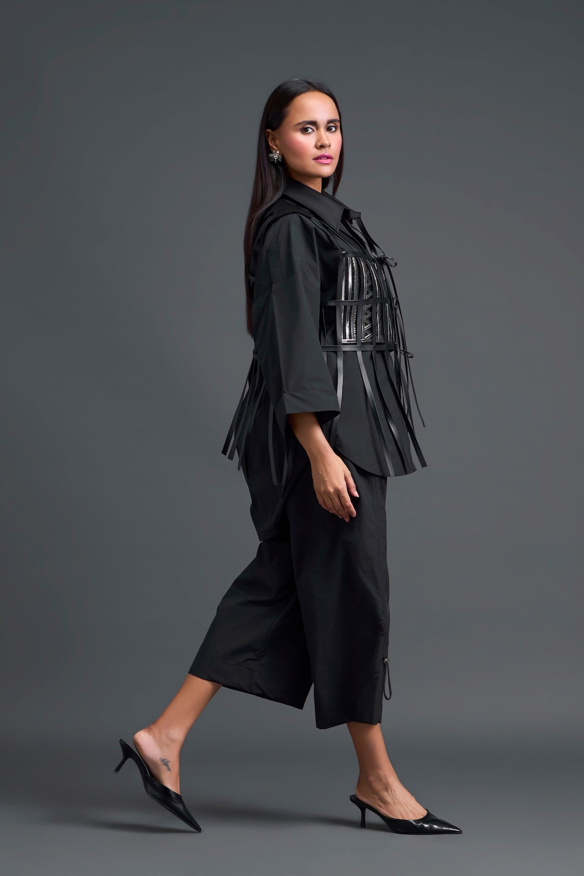 Black Structured Cage Shirt and Wide-Leg Pants Set