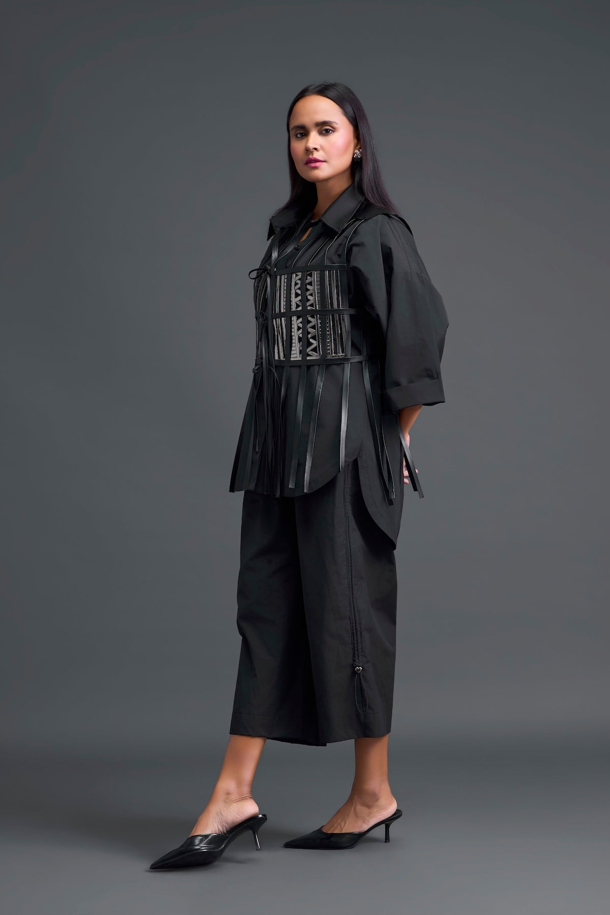 Black Structured Cage Shirt and Wide-Leg Pants Set