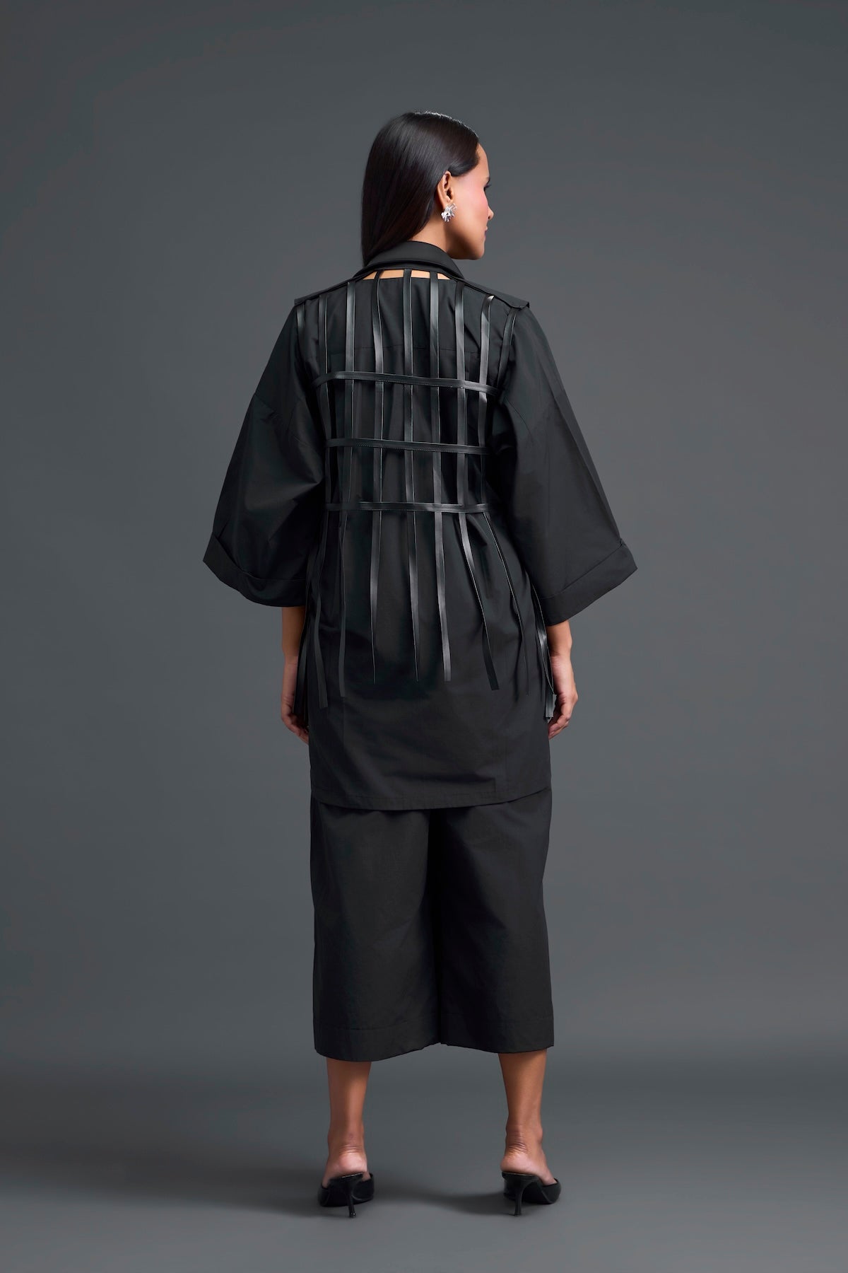 Black Structured Cage Shirt and Wide-Leg Pants Set