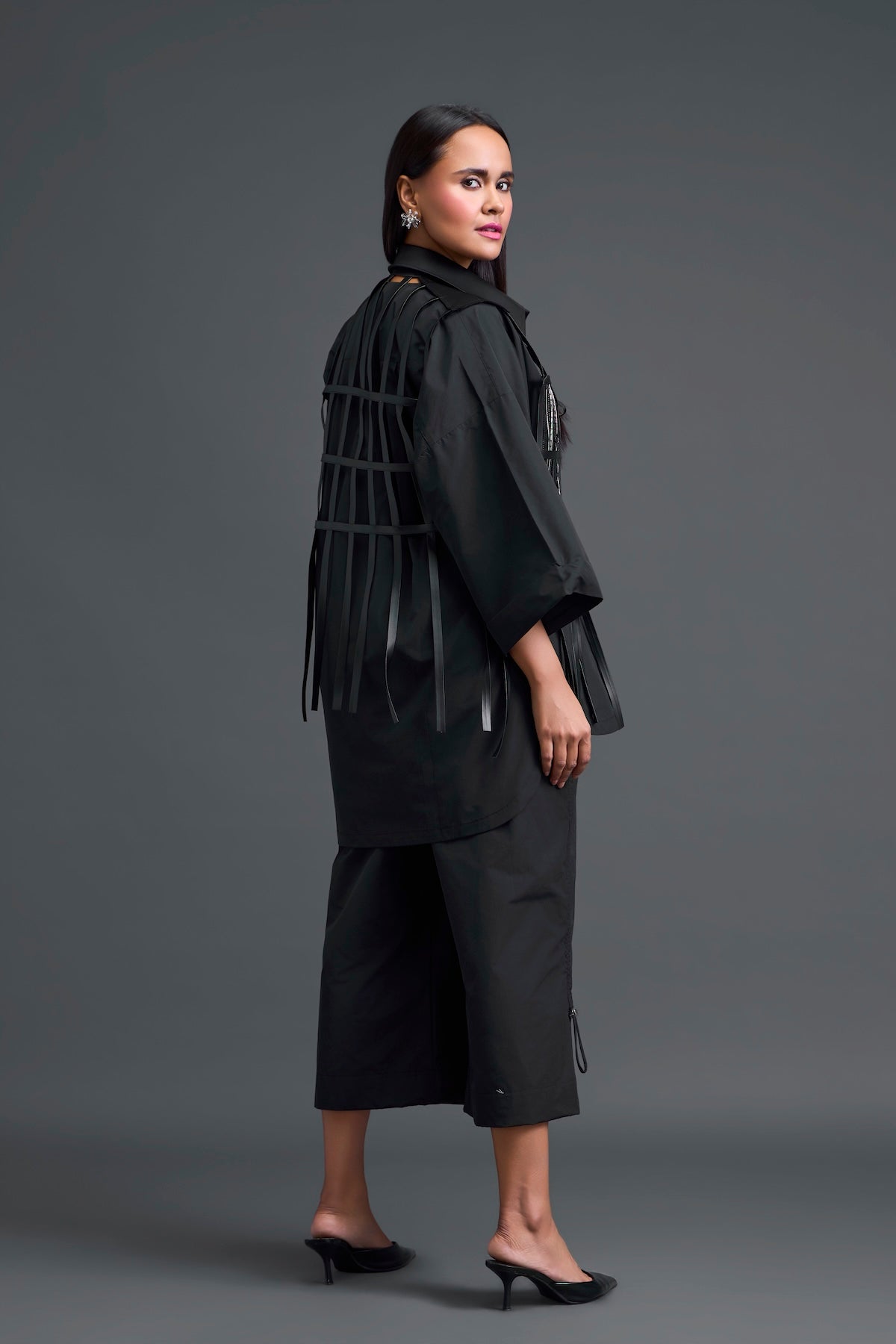 Black Structured Cage Shirt and Wide-Leg Pants Set