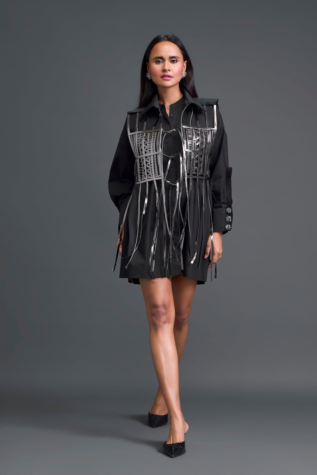 Black Shirt Dress with Silver Metallic Cage Panel