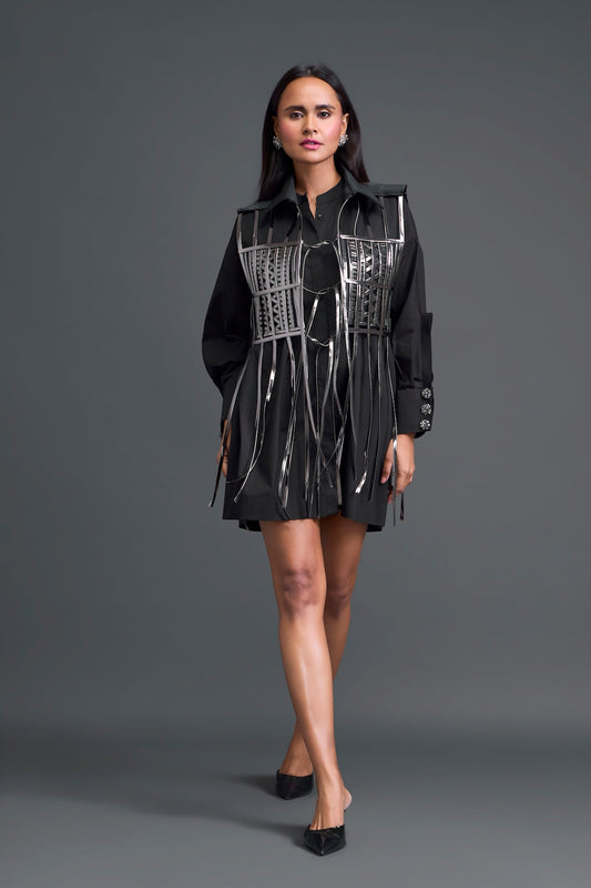 Black Shirt Dress with Silver Metallic Cage Panel