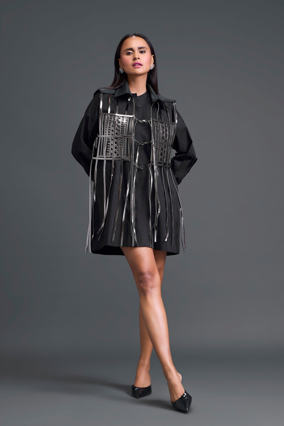 Black Shirt Dress with Silver Metallic Cage Panel
