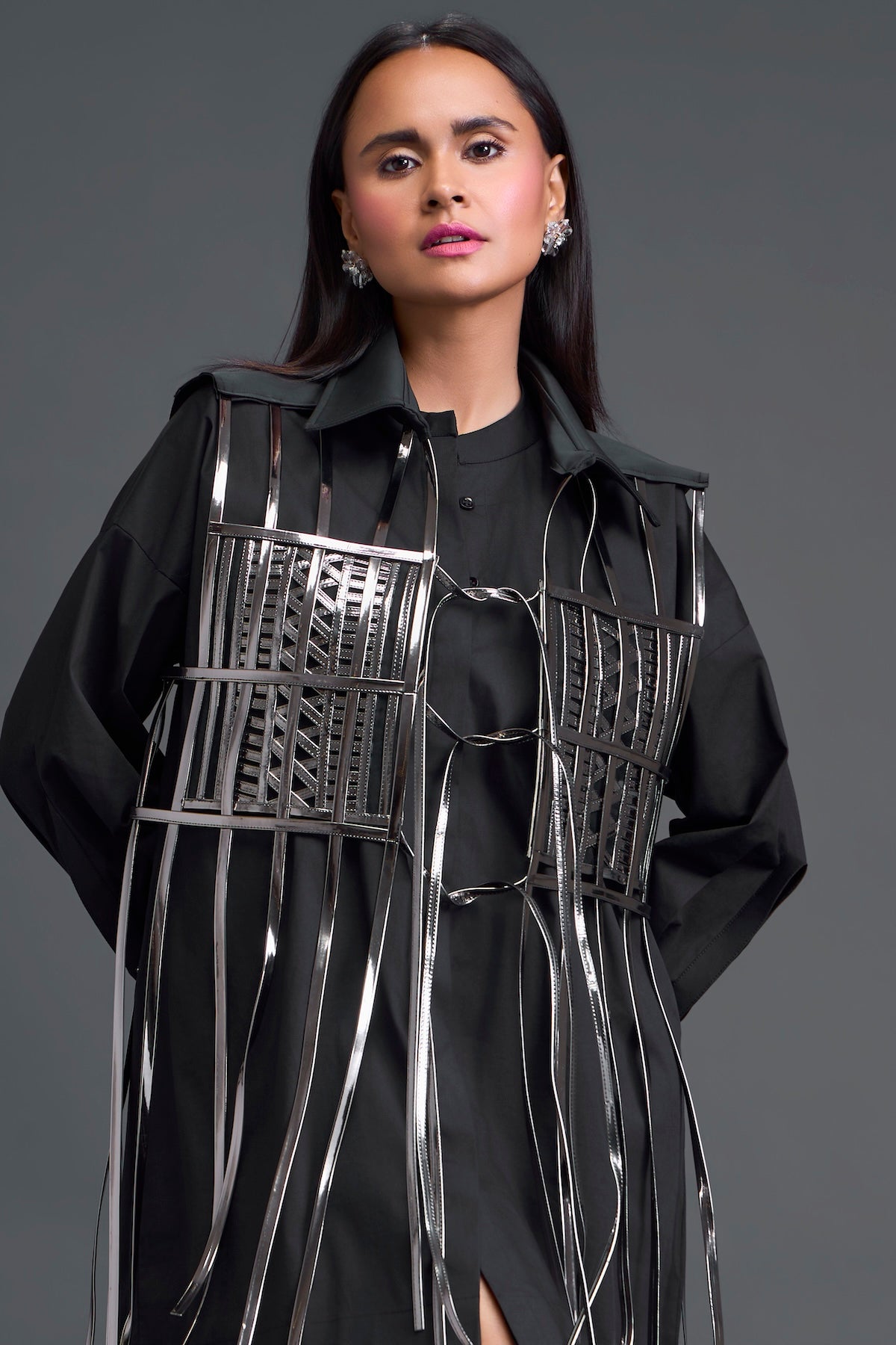 Black Shirt Dress with Silver Metallic Cage Panel
