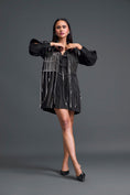 Load image into Gallery viewer, Black Shirt Dress with Silver Metallic Cage Panel
