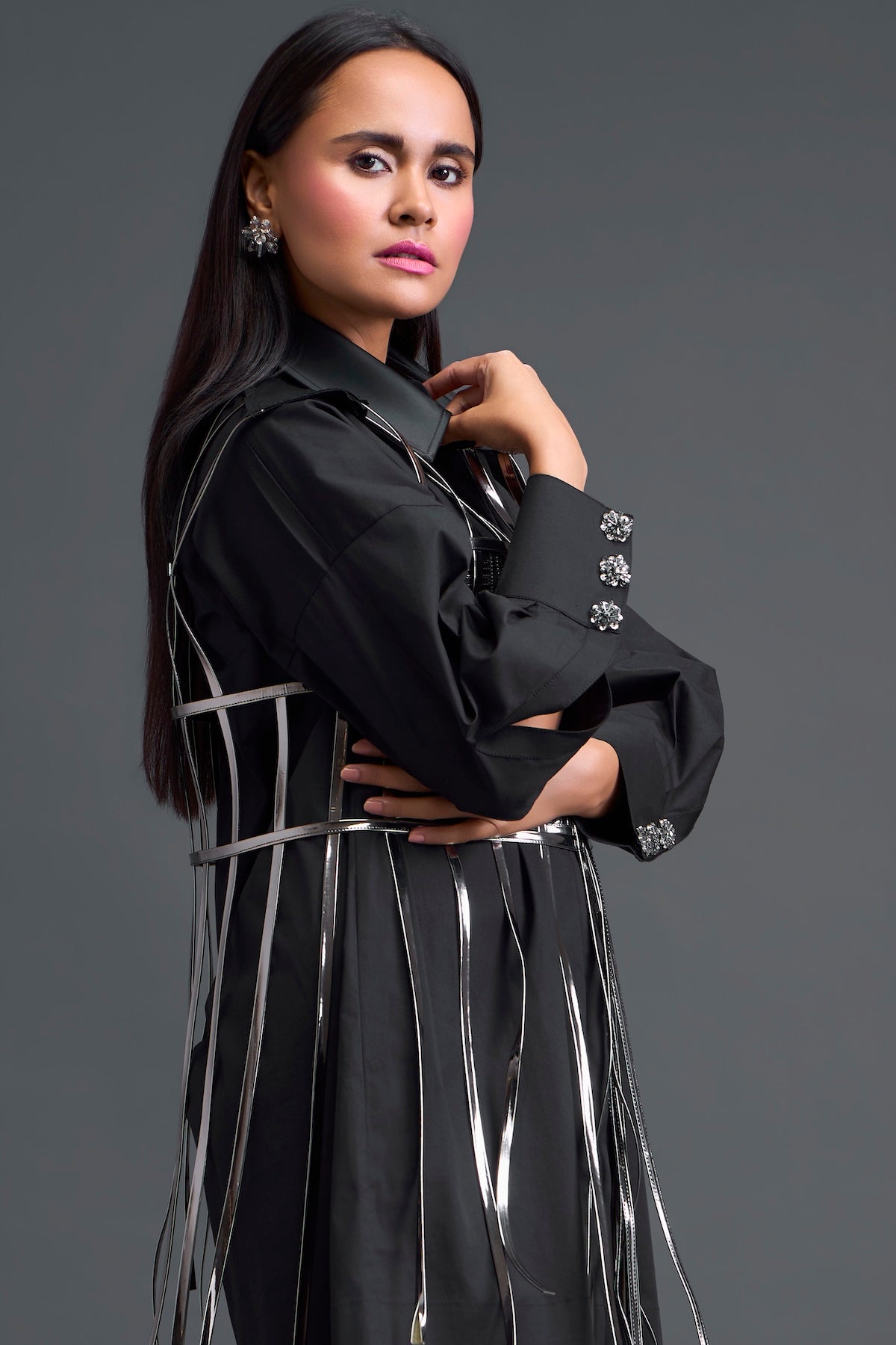 Black Shirt Dress with Silver Metallic Cage Panel