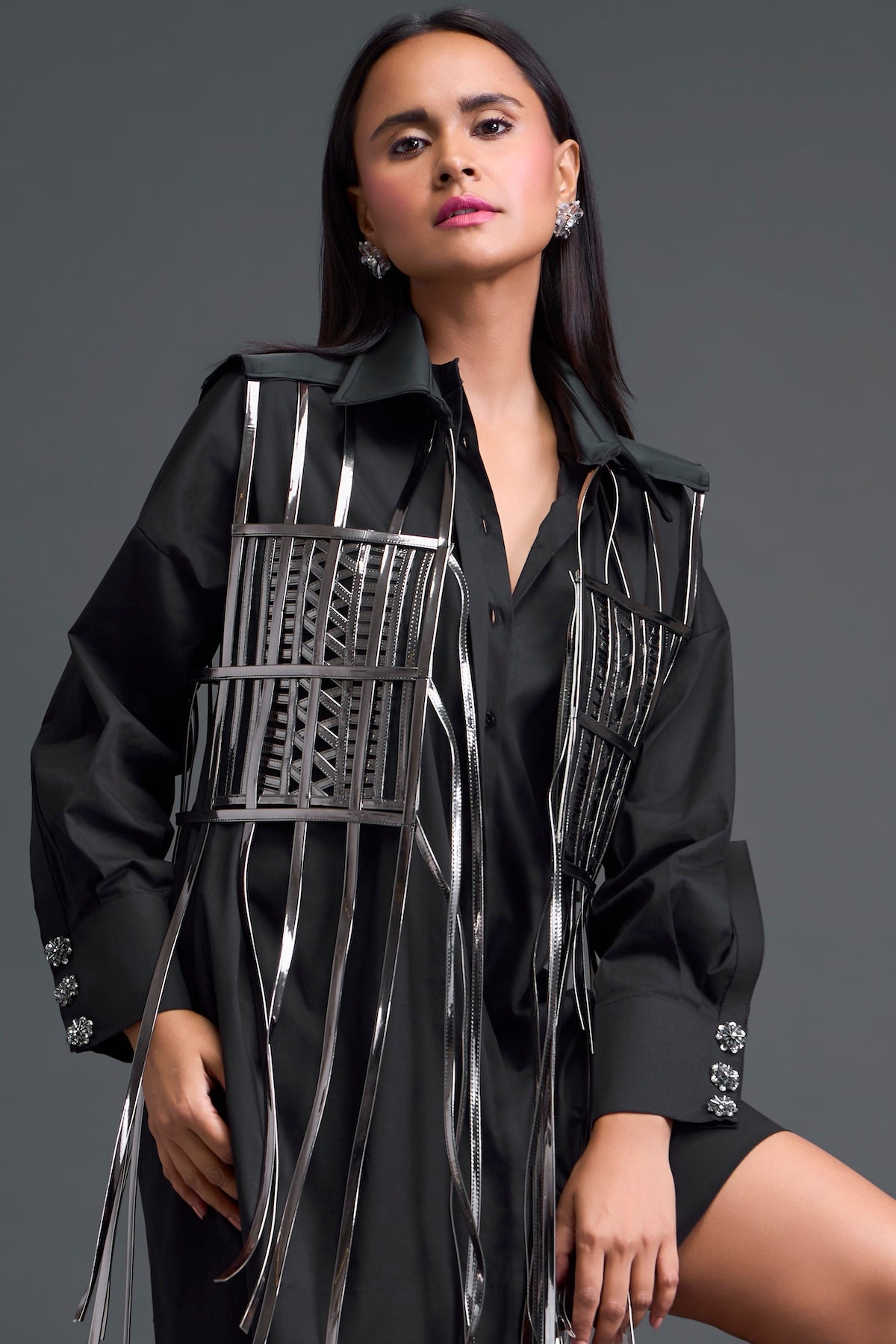 Black Shirt Dress with Silver Metallic Cage Panel