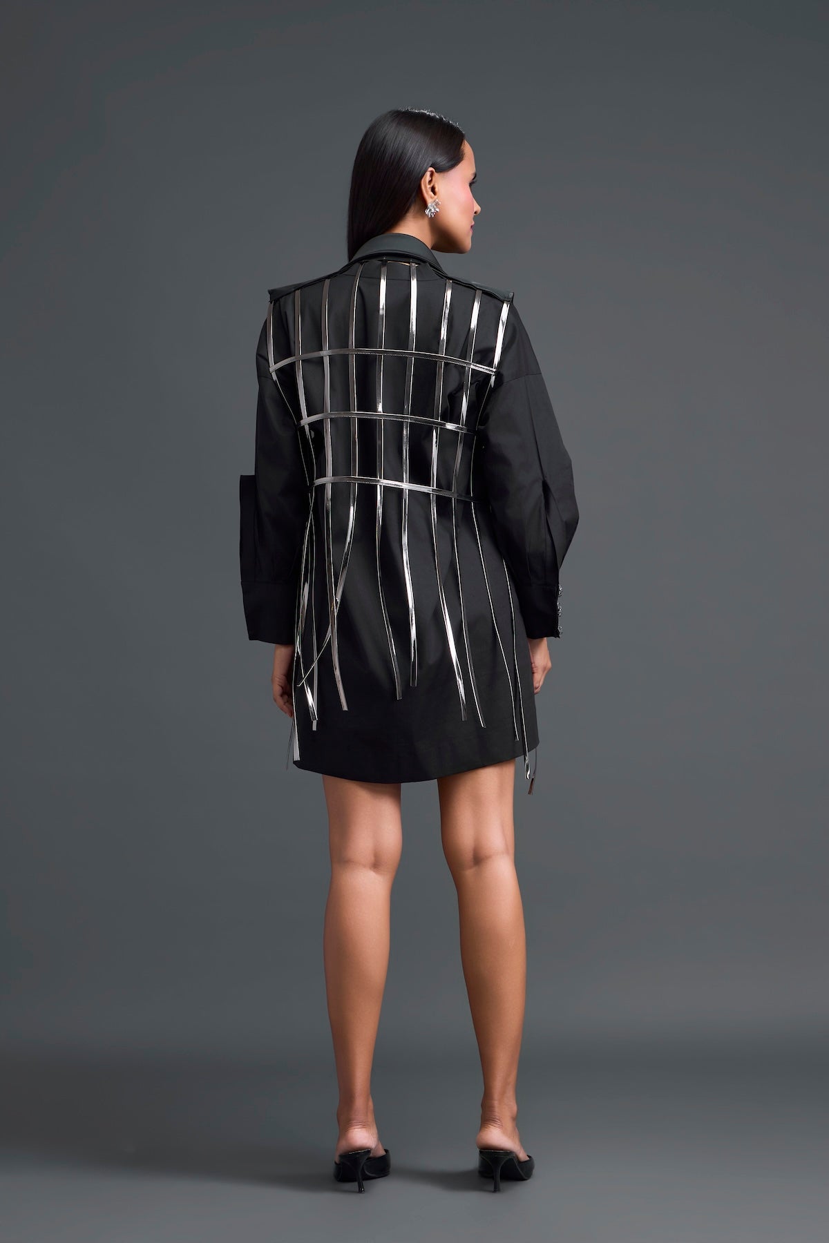 Black Shirt Dress with Silver Metallic Cage Panel