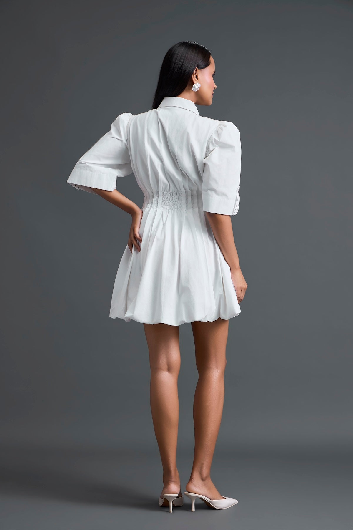 White Metallic Floral Puff Sleeve Bubble Dress