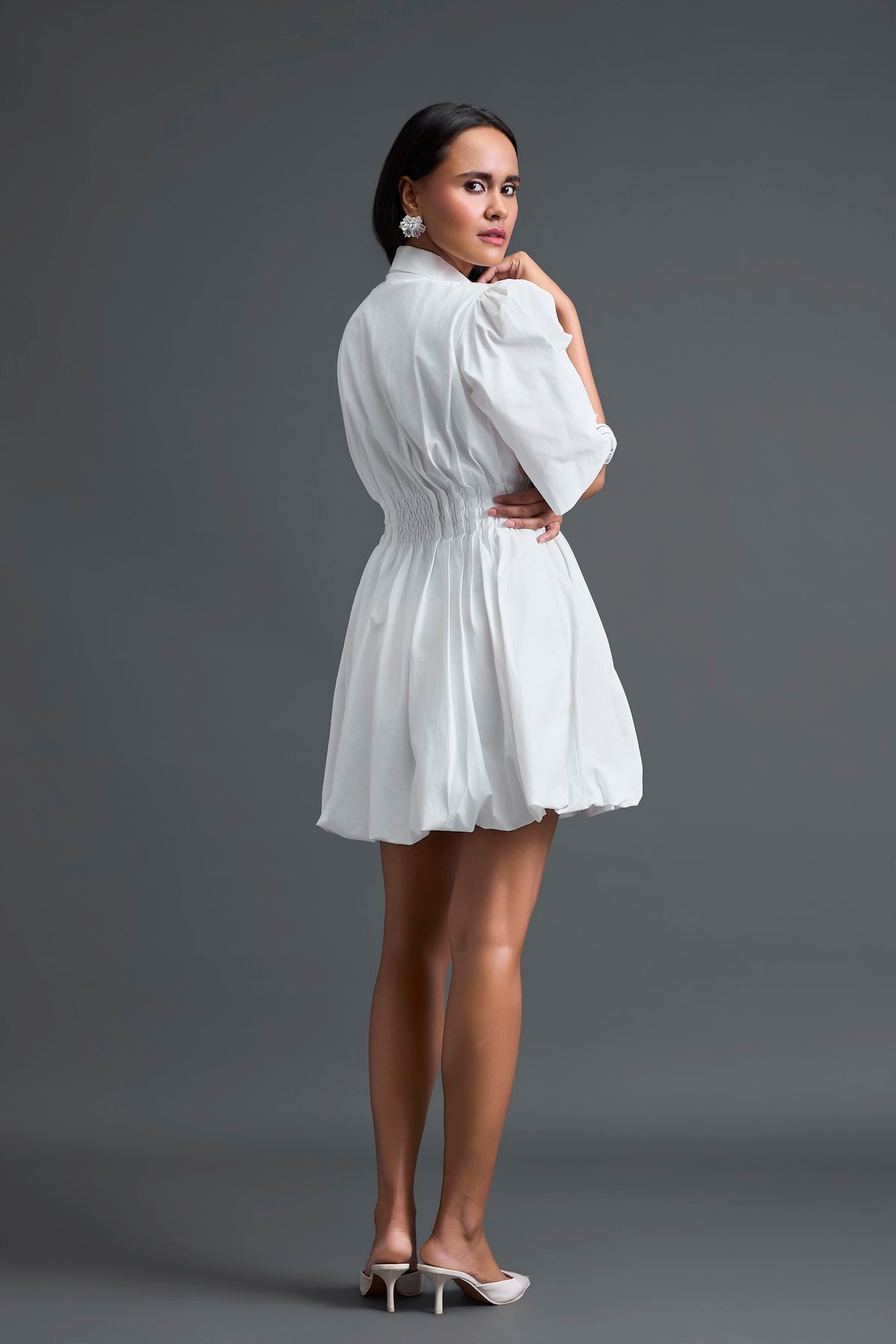 White Metallic Floral Puff Sleeve Bubble Dress
