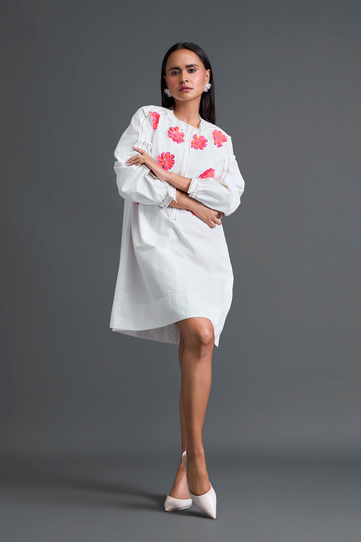 White Floral Patch Pocket Dress