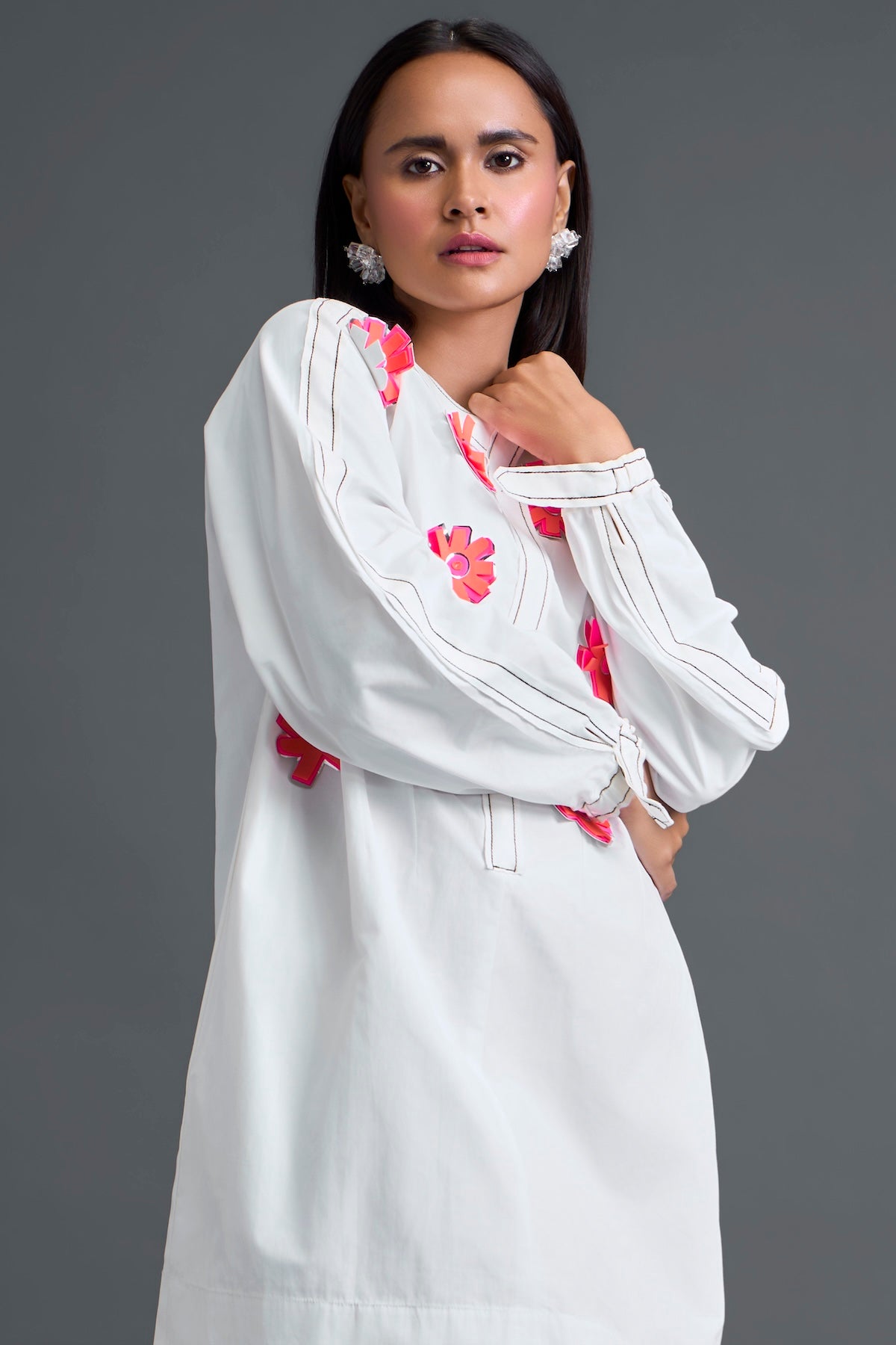 White Floral Patch Pocket Dress