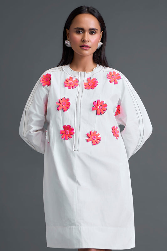 White Floral Patch Pocket Dress