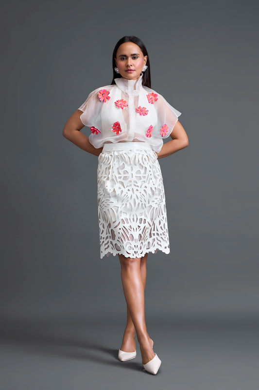 White Glossy Laser-Cut Pencil Skirt