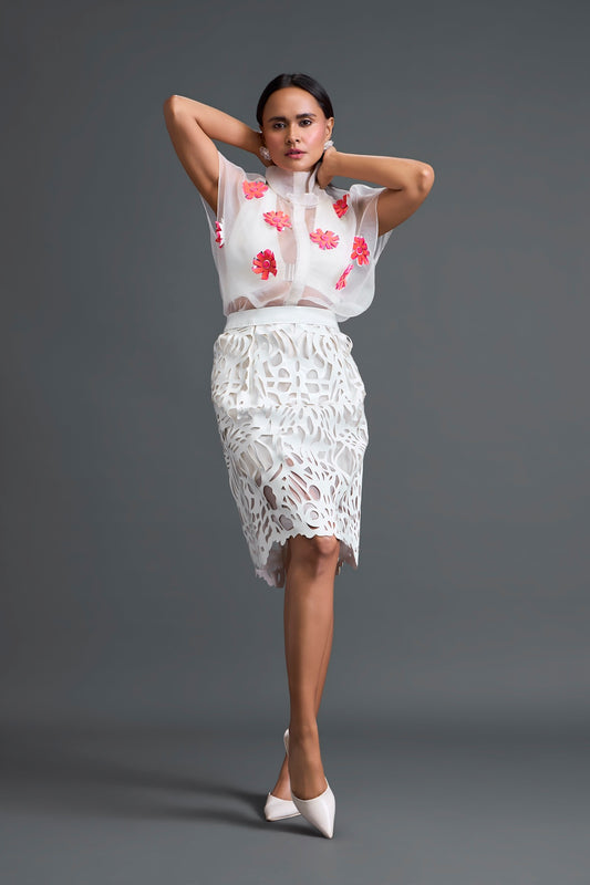 White Layered Halter and Laser-Cut Skirt Set