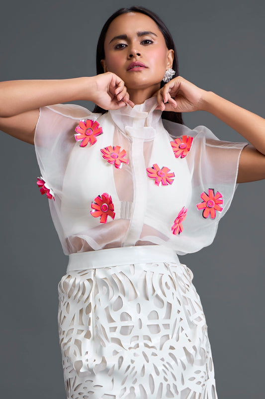 White Layered Halter and Laser-Cut Skirt Set