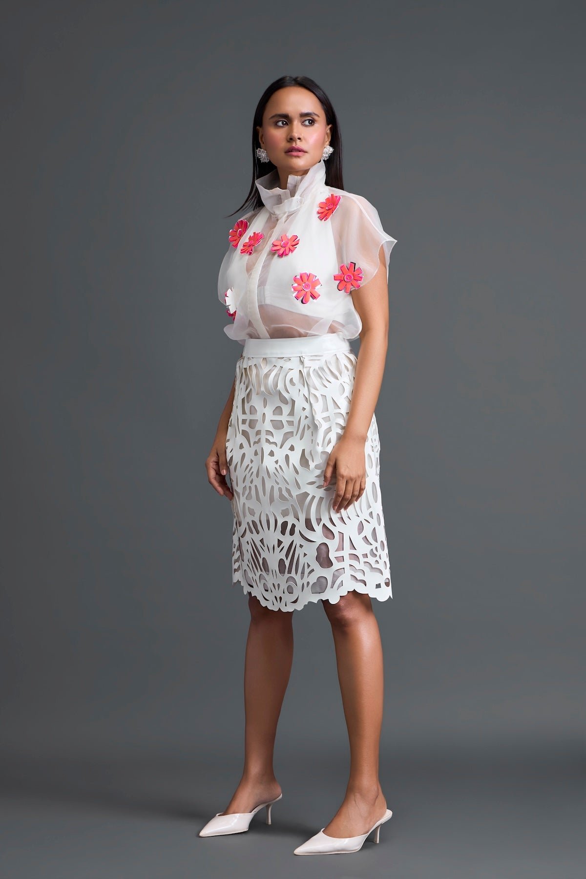White Glossy Laser-Cut Pencil Skirt
