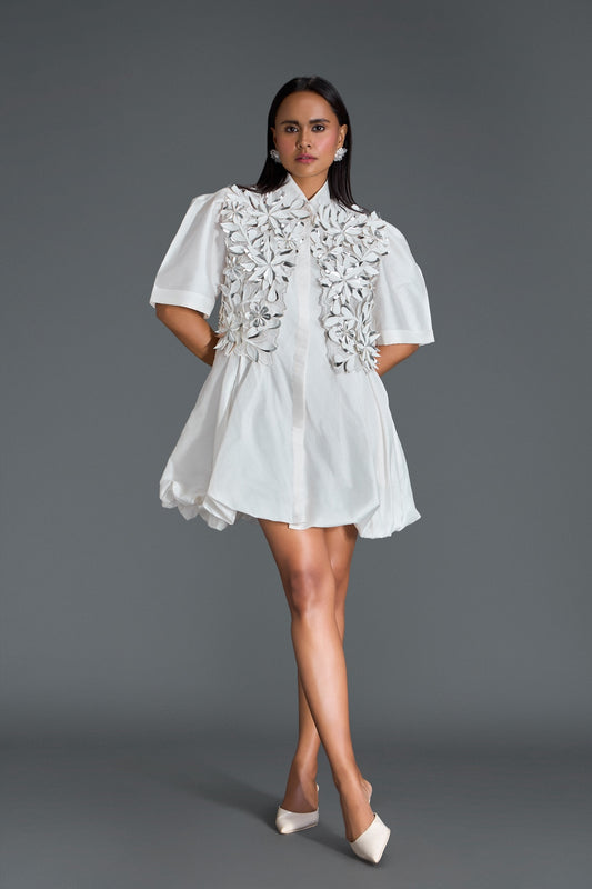 White 3D Floral Jacket and Taffeta Bubble Dress