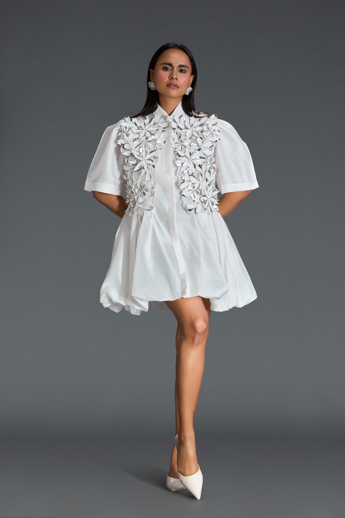 White 3D Floral Jacket and Taffeta Bubble Dress