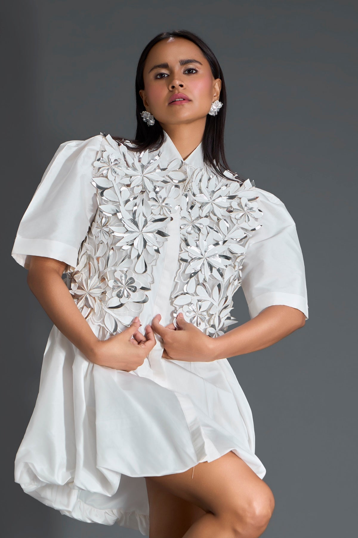 White 3D Floral Jacket and Taffeta Bubble Dress