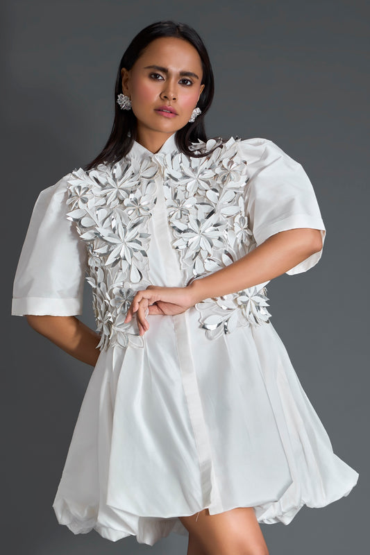 White 3D Floral Jacket and Taffeta Bubble Dress