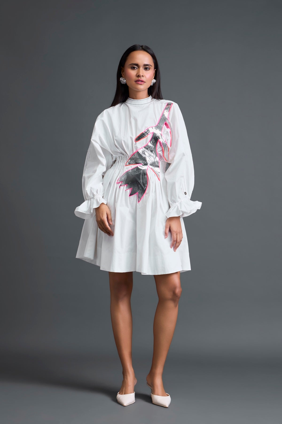 White Gathered Dress with Metallic Patch