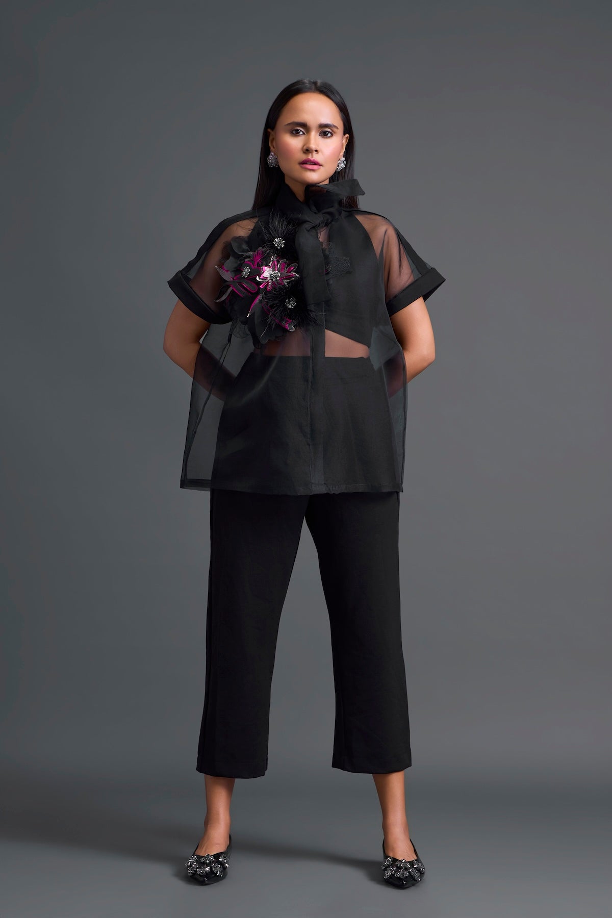 Black Halter Organza Shirt and Tailored Pants Set