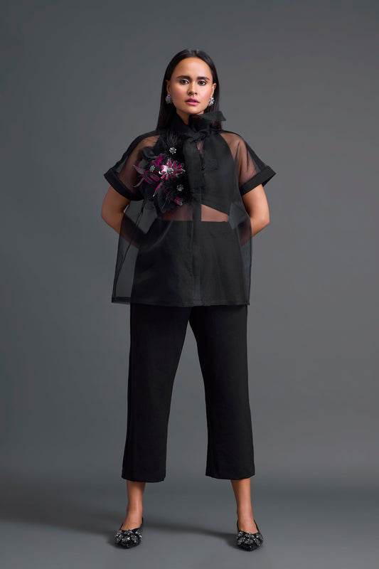Black Halter Organza Shirt and Tailored Pants Set